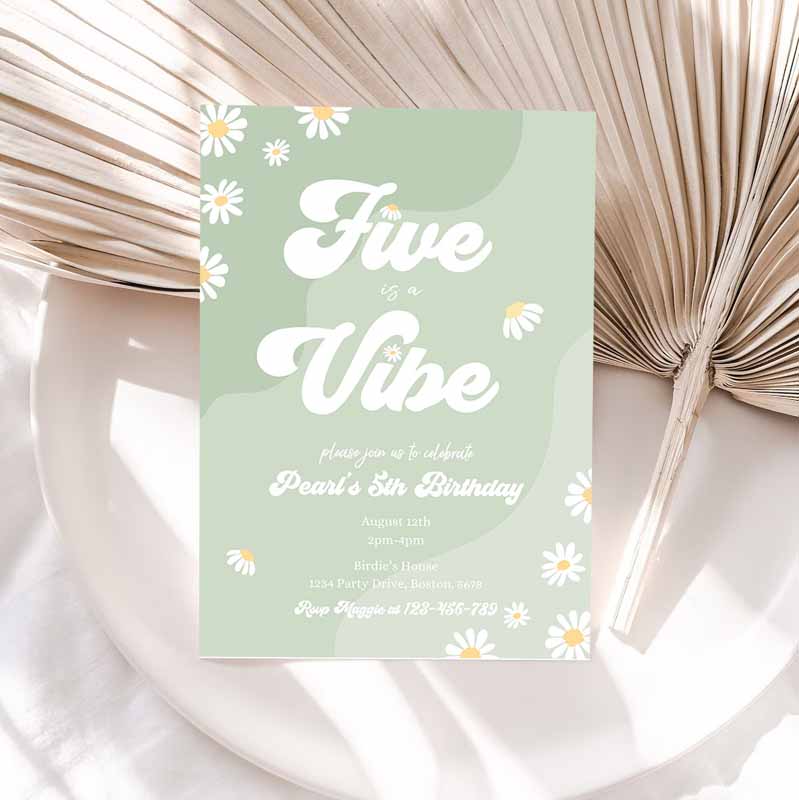 Daisy Kids Birthday, Five Is A Vibe Invitation, Boho Hippie Groovy Floral 's Kids Birthday Party