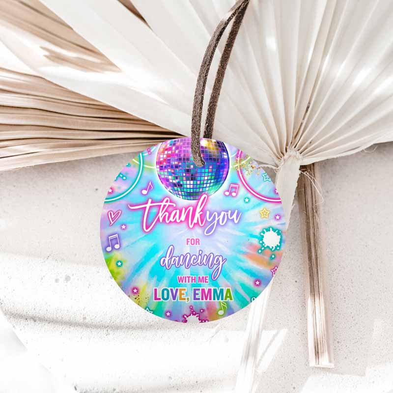 Dance Kids Birthday Party, Circle Square Tags, Tie Dye Dance Glow Neon Dance Party, Favors Disco Dance Party