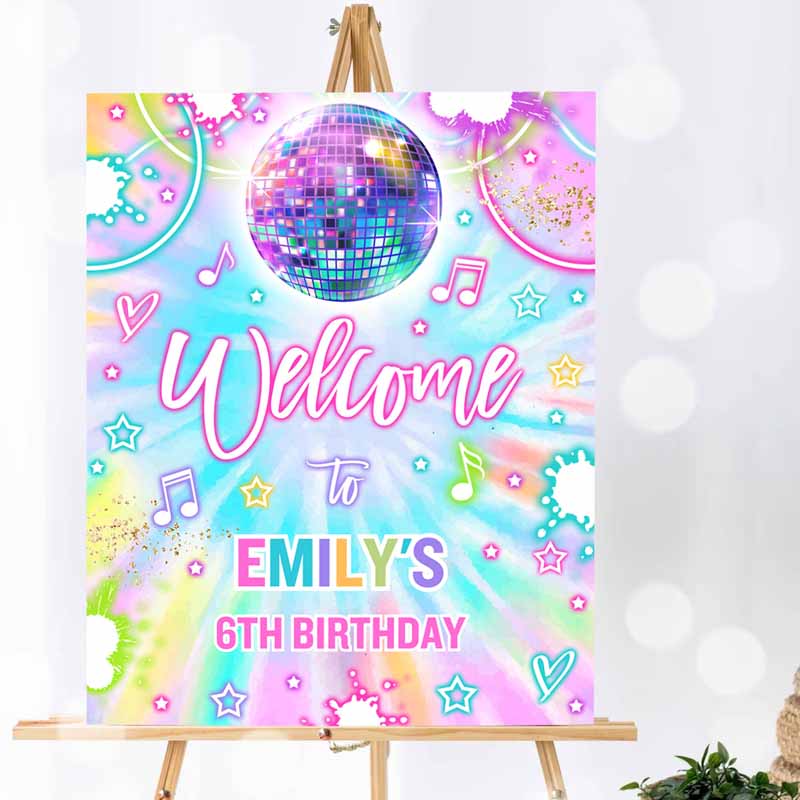 Dance Kids Birthday Party, Tie Dye Dance Welcome Poster Glow Neon Dance Disco Partys