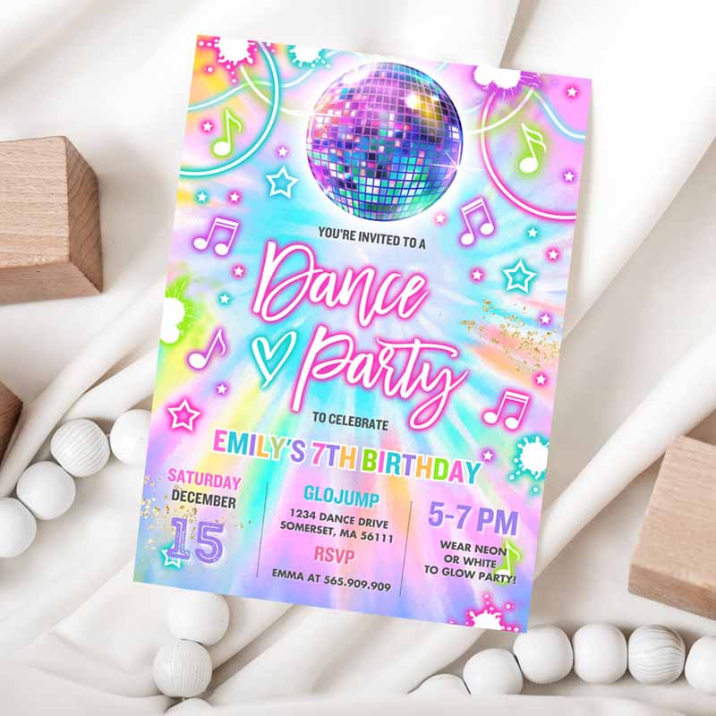 Dance Party, Invite Tie Dye Dance Party Invitation, Glow Tie Dye Dance Party, Neon Glow Disco Dance Party