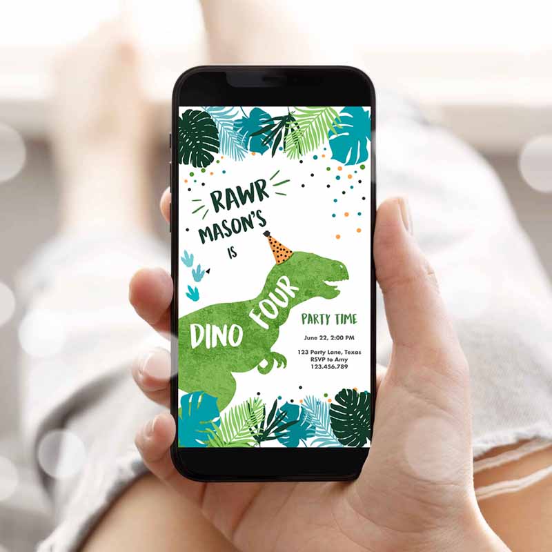 Dino-Four Dinosaur Kids Birthday, Evite Dino T-Rex Kids Birthday Invitation, Fourth Boy Green Prehistoric Phone Template