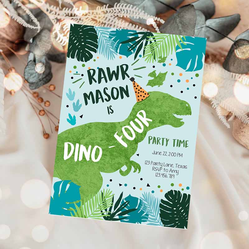 Dino-Four Dinosaur Kids Birthday Invitation, Dino T-Rex Kids Birthday, Fourth Rawr Boy Green Blue Prehistoric