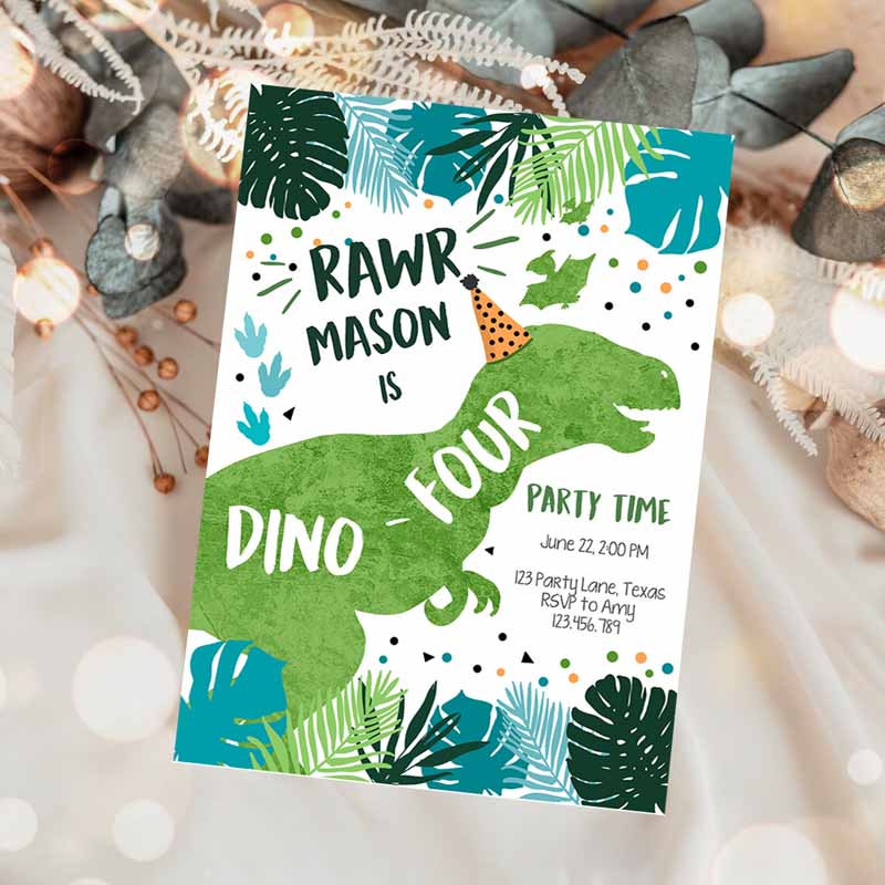 Dino-Four Dinosaur Kids Birthday, Dino T-Rex Kids Birthday, Fourth Rawr Boy Green Blue Prehistoric