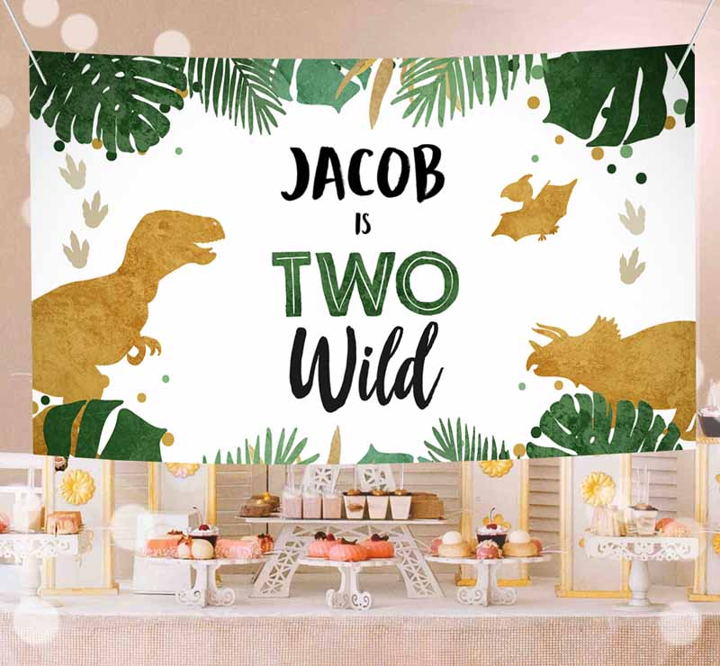 Dinosaur Kids Birthday, Backdrop Banner, Boy Gold Young Wild and Three Kids Birthday