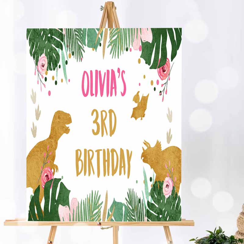 Dinosaur Kids Birthday, Backdrop Banner, Girl Pink Prehistoric Kids Birthday, Dino Party, Welcome Sign