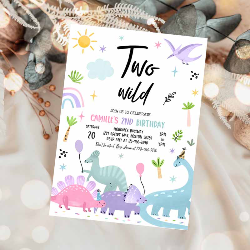 Dinosaur Kids Birthday, Dinosaur Two Wild Kids Birthday Party, Invite Jurassic T-Rex Kids Birthday Party