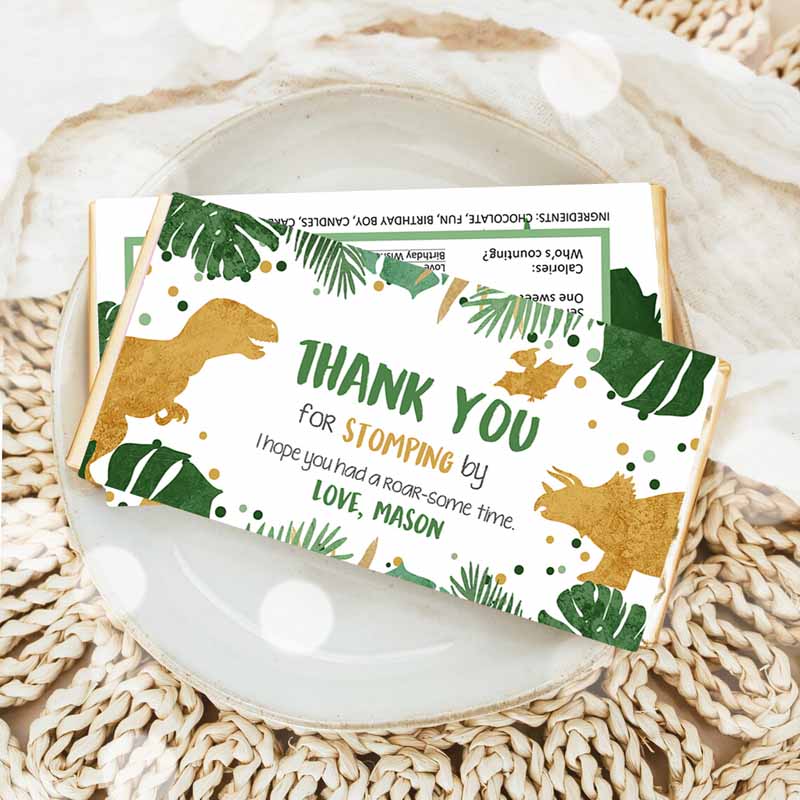 Dinosaur Chocolate Bar Labels, Candy Bar Wrapper Safari Tropical Gold Boy Kids Birthday Party