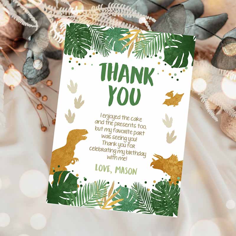 Dinosaur Thank You Card Kids Birthday, Boy Black Green Gold Dino Party, T-Rex Photo Template