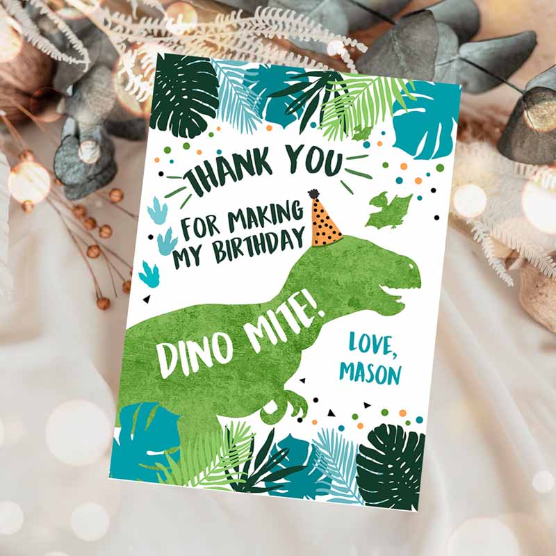 Dinosaur Thank You Card Kids Birthday, Boy Black Green Gold Dino Party, T-Rex Photo