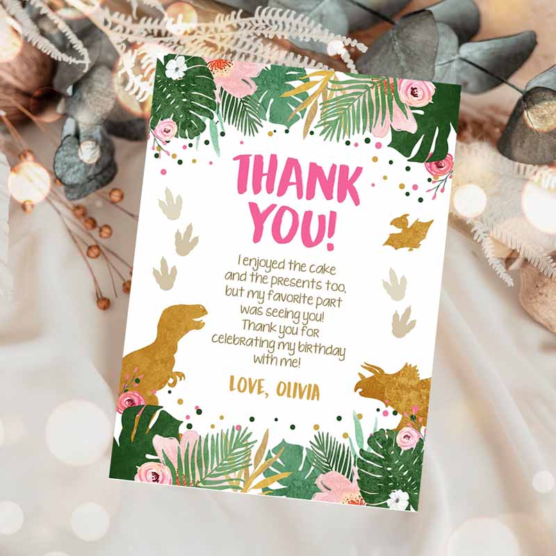 Dinosaur Thank You Card Kids Birthday, Note Pink Gold Girl Dino Party, T-Rex