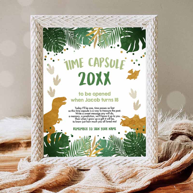 Dinosaur Time Capsule First Kids Birthday Party, Green Gold Boy Party, Cards T-Rex Guestbook