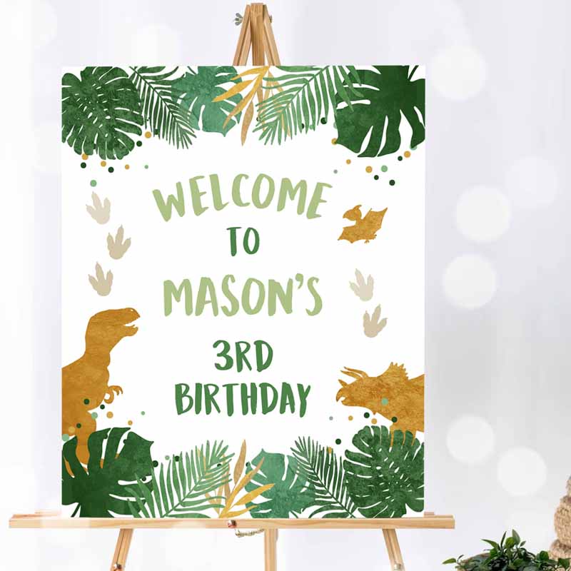 Dinosaur Welcome Sign, Boy Green Gold Dino Dig Party, Dinosaur Kids Birthday