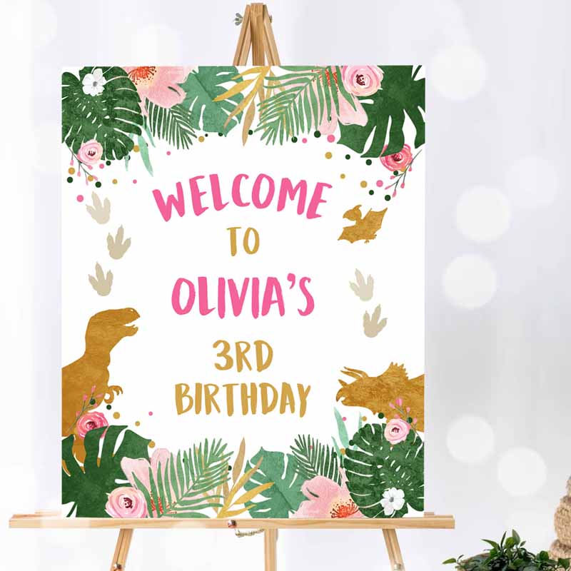 Dinosaur Welcome Sign, Girl Pink and Gold Dino Party, Dinosaur Kids Birthday, Welcome Dinosaur Sign