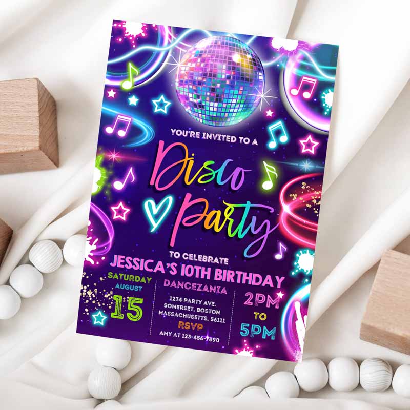 Disco Party Invitation, Neon Glow Disco Dance Party Invitation, Neon Glow Disco Party, Neon Disco Dance Party