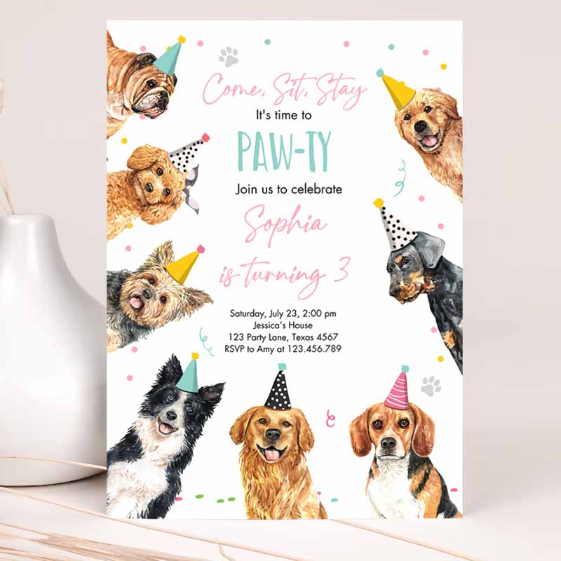 Dog Kids Birthday, Puppy Kids Birthday, Pink Girl Doggy Shelter Animal Pet Party Invitation