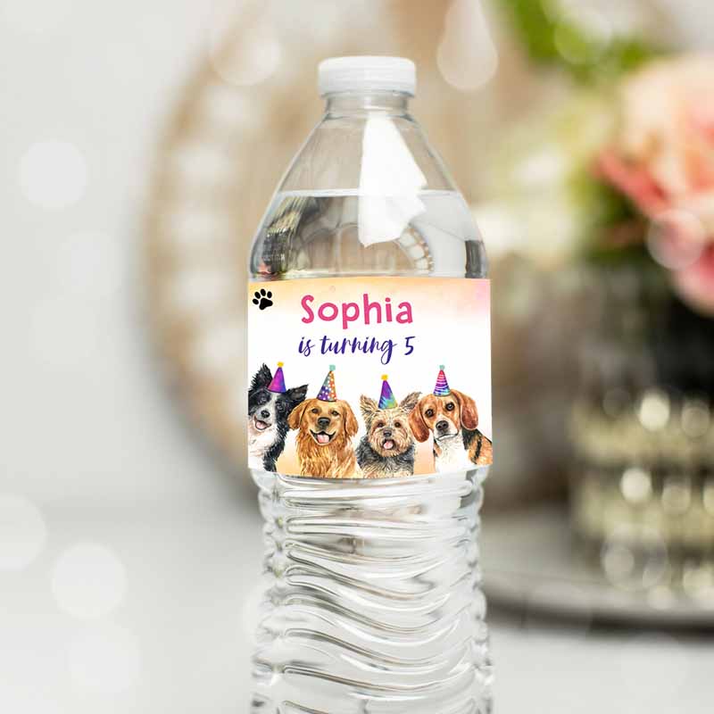 Dog Water Bottle Label Dog Kids Birthday, Puppy Party, Doggy Pet Vet Pawty Kids Birthday, Decor Girl Bottle Wrap