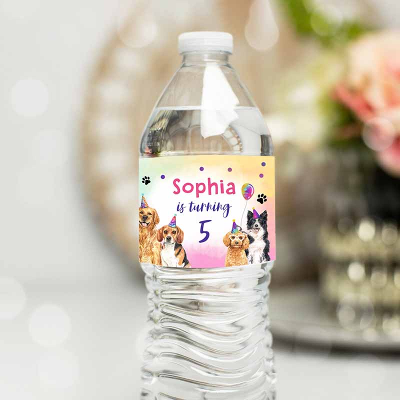 Dog Water Bottle Labels Dog Kids Birthday, Puppy Party, Doggy Pet Vet Pawty Kids Birthday, Decor Girl Bottle Wrap