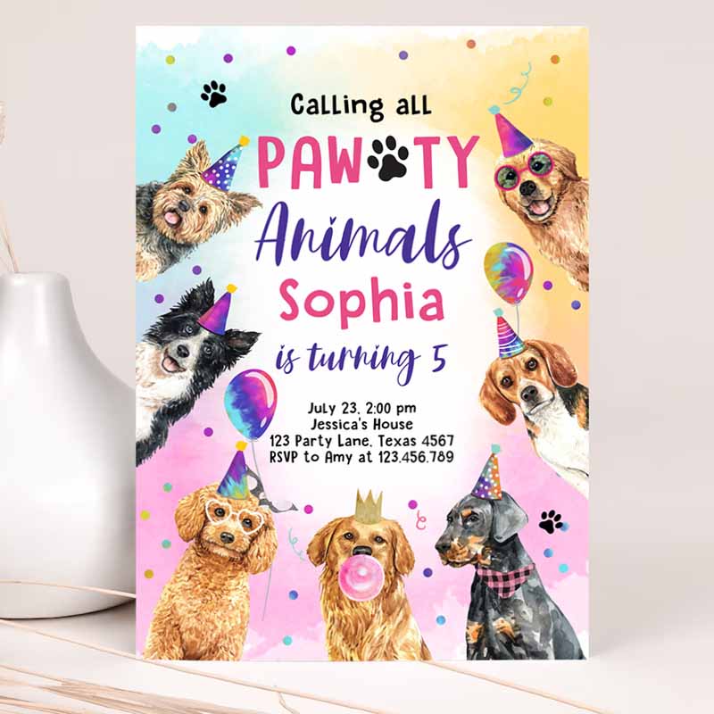 Dogs Kids Birthday, Puppy Kids Birthday, Invite Calling All Pawty Animals Animals