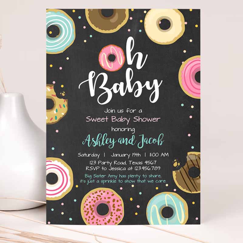 Donut Baby Shower Invitation, Oh Baby Coed Shower Doughnut Sweet Chalk Gender Neutral Pink Girl