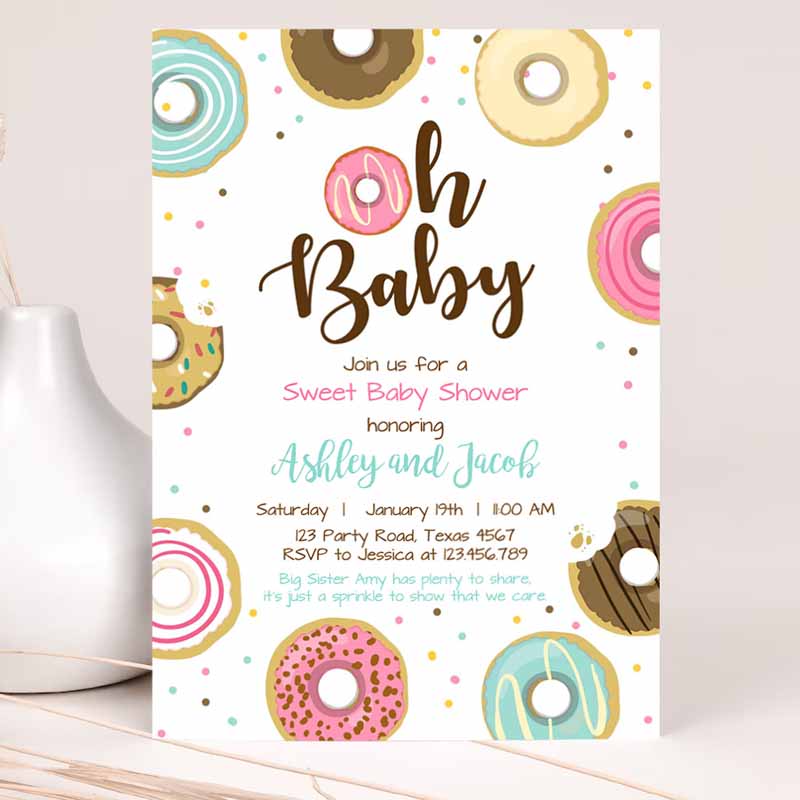 Donut Baby Shower Invitation, Oh Baby Coed Shower Doughnut Sweet Gender Neutral Pink Girl