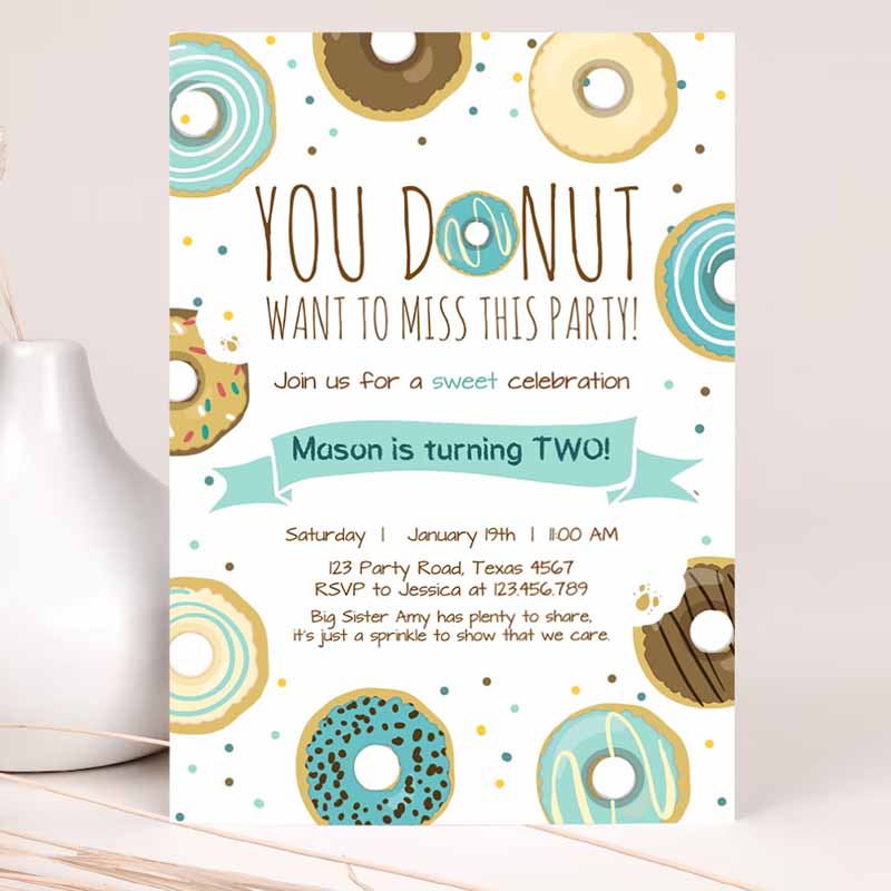 Donut Kids Birthday Invitation, You Donut Want To Missis Boy Blue Sweet Doughnut First Kids Birthday, Donut Grow Up