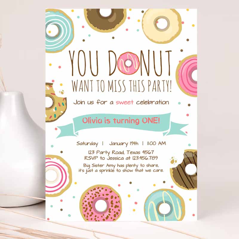 Donut Kids Birthday Invitation, You Donut Want To Missis Girl Pink Sweet Doughnut First Kids Birthday, Donut Grow Up