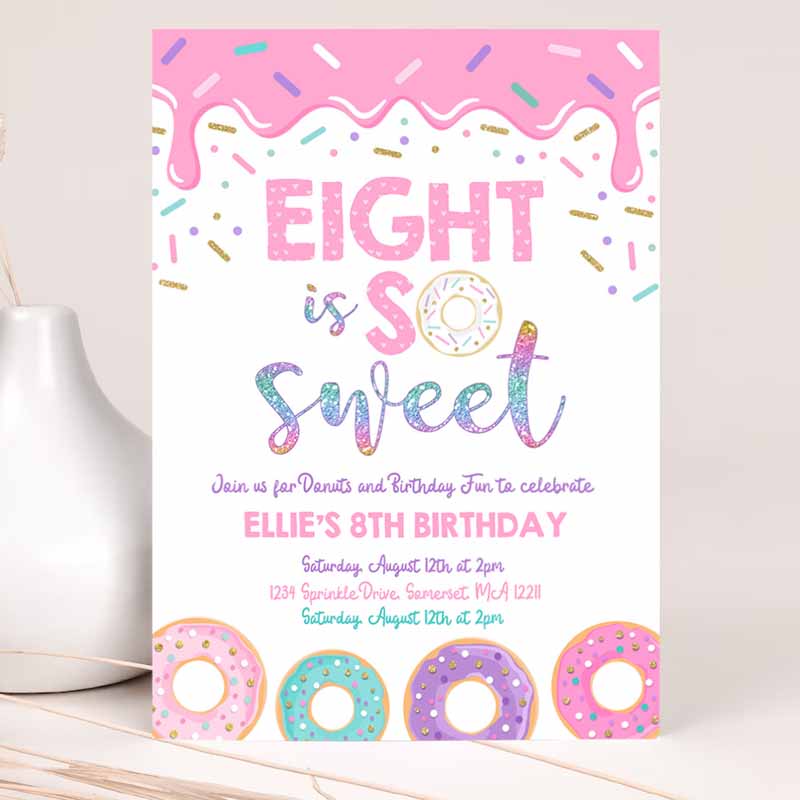 Donut Eight Is Sweet Kids Birthday Invitation, Girl Donut Kids Birthday Party, Pink Donut Kids Birthday, Part