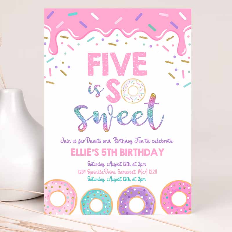 Donut Five Is Sweet Kids Birthday Invitation, Girl Donut Kids Birthday Party, Pink Donut Kids Birthday Party