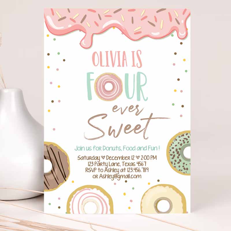 Donut Four Ever Sweet Kids Birthday Invitation, Kids Birthday Party, Pink Girl Doughnut Four