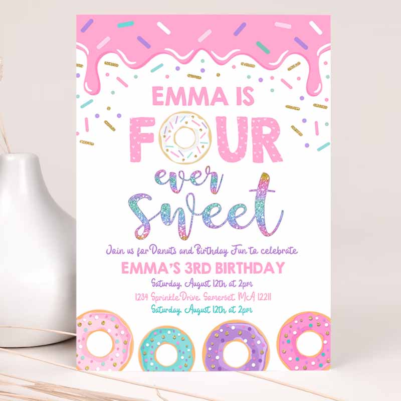 Donut Four Ever Sweet Kids Birthday Invitation, Girl Donut Kids Birthday Party, Pink Donut Kids Birthday Party