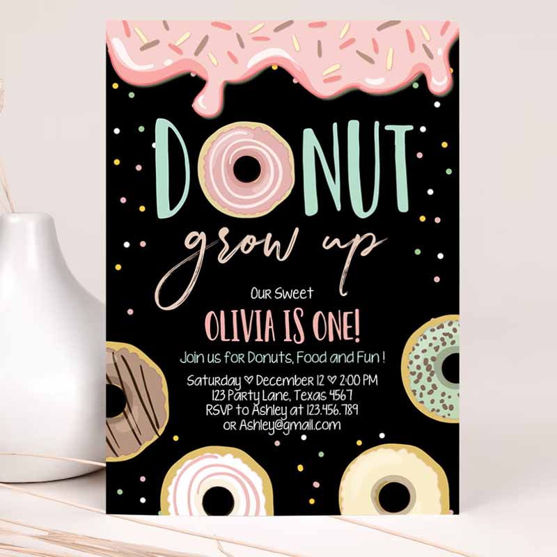 Donut Grow Up Kids Birthday Invitation, First Kids Birthday Party, Pink Girl Doughnut Chalk