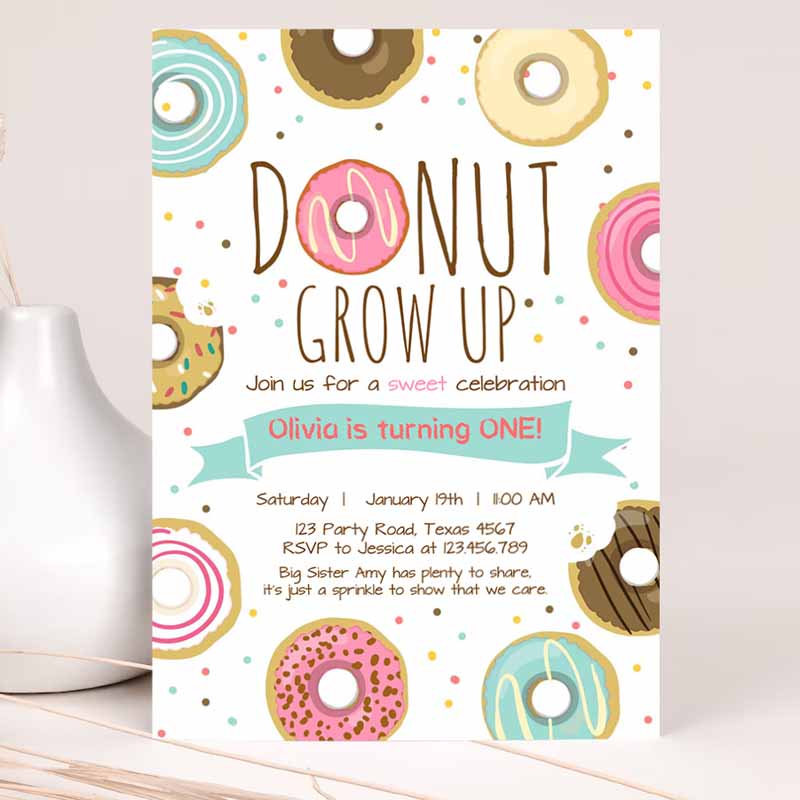 Donut Grow Up Kids Birthday Invitation, First Kids Birthday Party, Pink Girl Doughnut Sweet Template