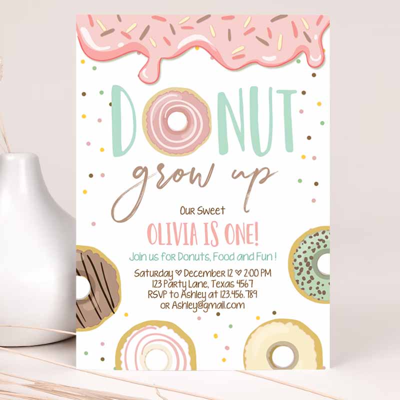 Donut Grow Up Kids Birthday Invitation, First Kids Birthday Party, Pink Girl Doughnut Sweet