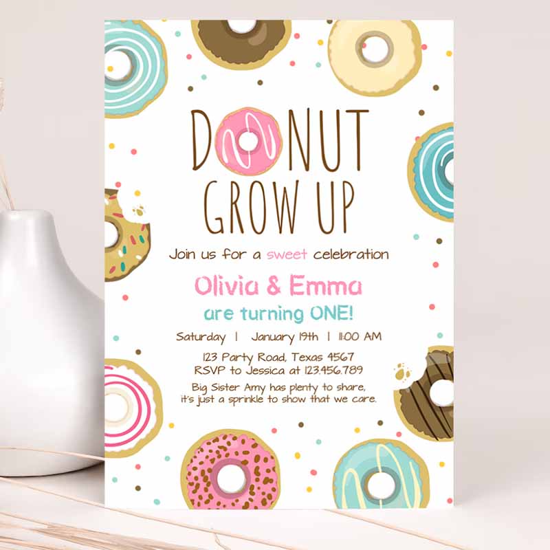 Donut Grow Up Kids Birthday Invitation, Twin First Kids Birthday Party, Pink Girl Twins Doughnut Sweet