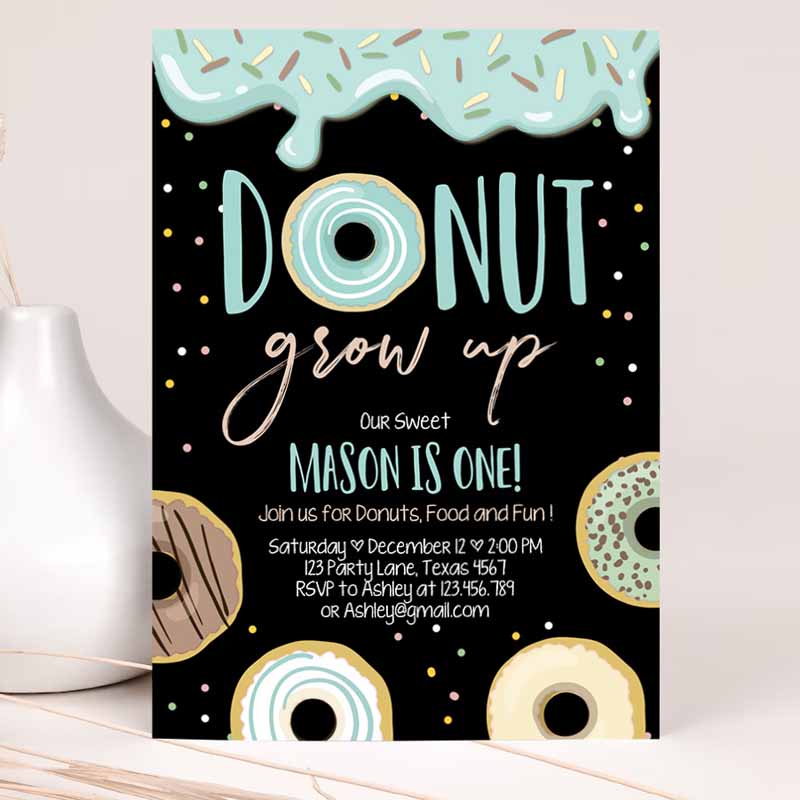 Donut Grow Up Kids Birthday, First Kids Birthday Party, Blue Boy Doughnut Pastel Chalk