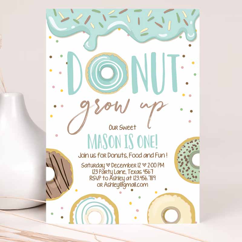 Donut Grow Up Kids Birthday, First Kids Birthday Party, Blue Boy Doughnut Pastel