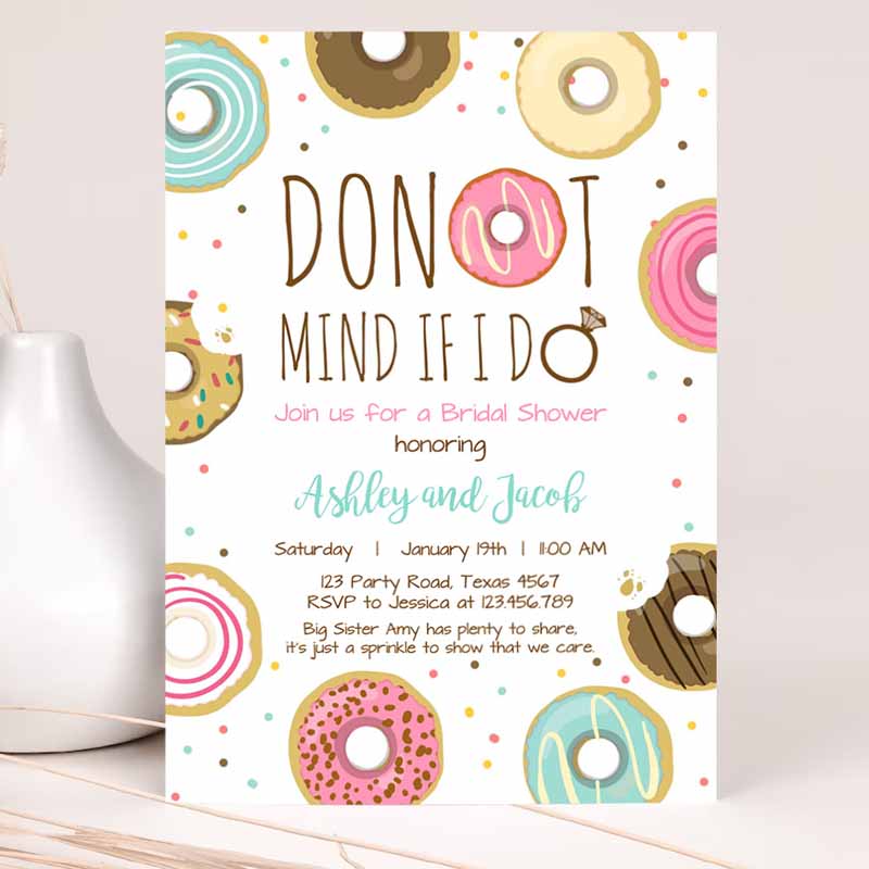 Donut Mind If I Do Bridal Shower Invitation, Sweet Pink Teal Ring Doughnut Donut and DI'monds Coed Joined Shower