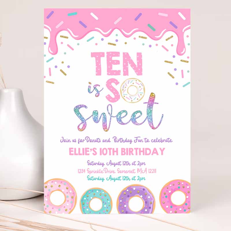 Donut Ten Is Sweet Kids Birthday Invitation, Girl Donut Kids Birthday Party, Pink Donut Kids Birthday Party