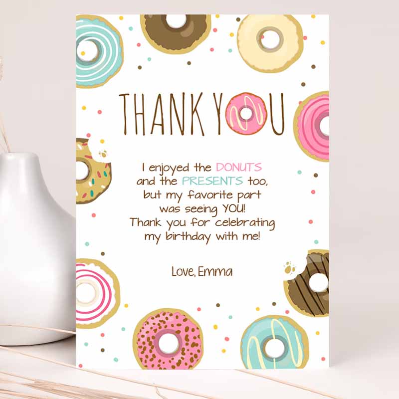 Donut Thank You Card Note Pink Girl Kids Birthday Party, Doughnut Thank You Photo Sweet First Kids Birthday