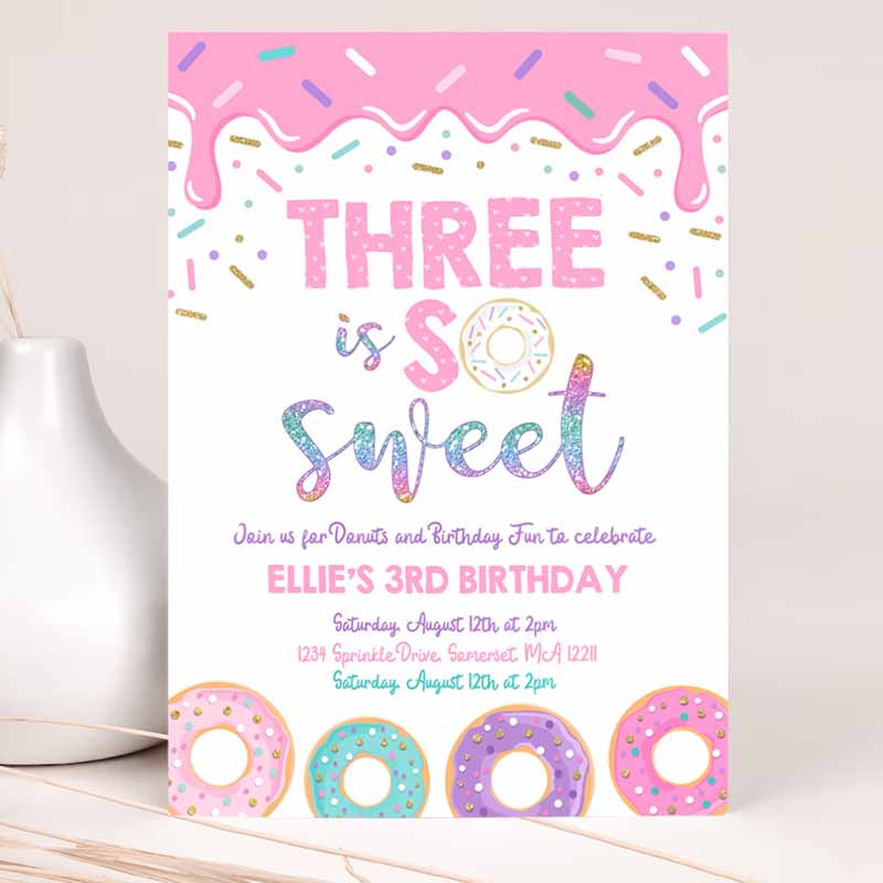 Donutree Is Sweet Kids Birthday Invitation, Girl Donut Kids Birthday Party, Pink Donut Kids Birthday Party