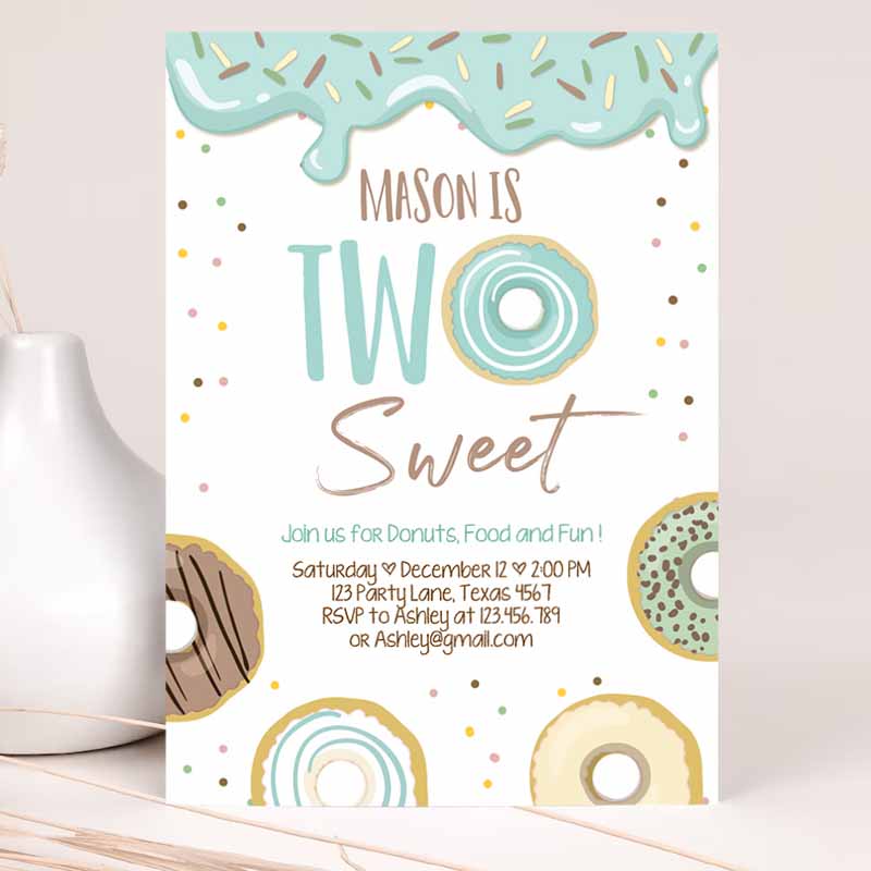 Donut Two Sweet Kids Birthday Invitation, Second Kids Birthday Party, Blue Boy Doughnut Pastel