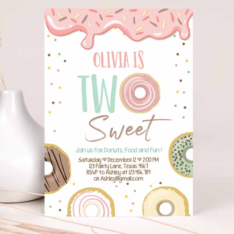 Donut Two Sweet Kids Birthday, Second Kids Birthday Party, Pink Girl Doughnut