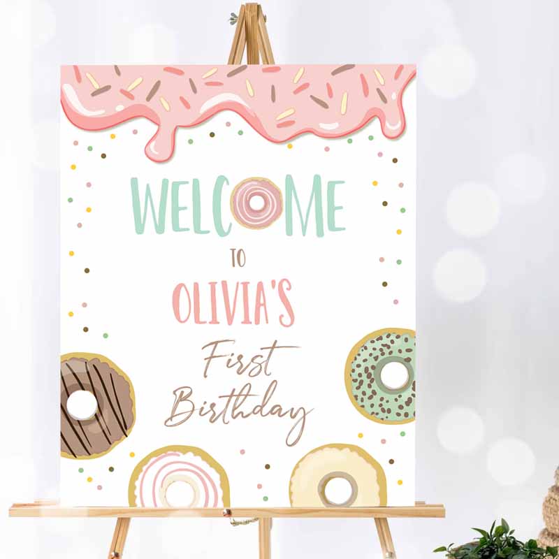 Donut Welcome Sign, Donut Kids Birthday Party, Pink Girl Two Sweet Decor Pastel Shower Table Sign