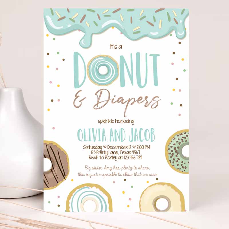 Donut and Diapers Baby Shower Invitation, Sprinkle Sprinkled With Love Coed Boy Blue Pastel Corj