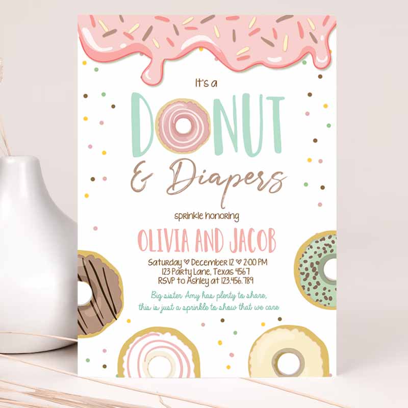 Donut and Diapers Baby Shower Invitation, Sprinkle Sprinkled With Love Coed Girl