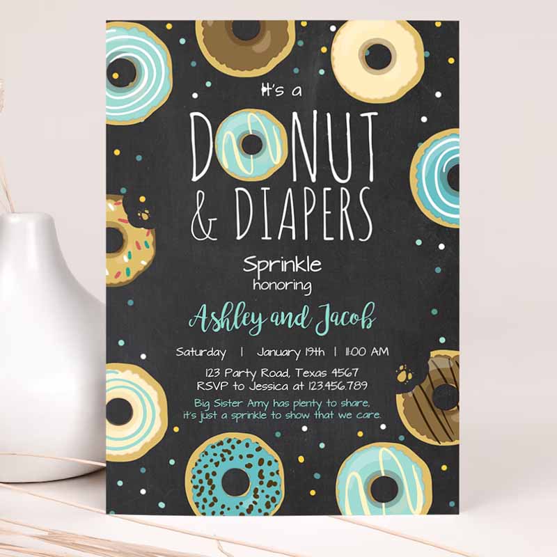 Donut and Diapers Sprinkle Invitation, Baby Shower Coed Shower Boy Blue Sweet