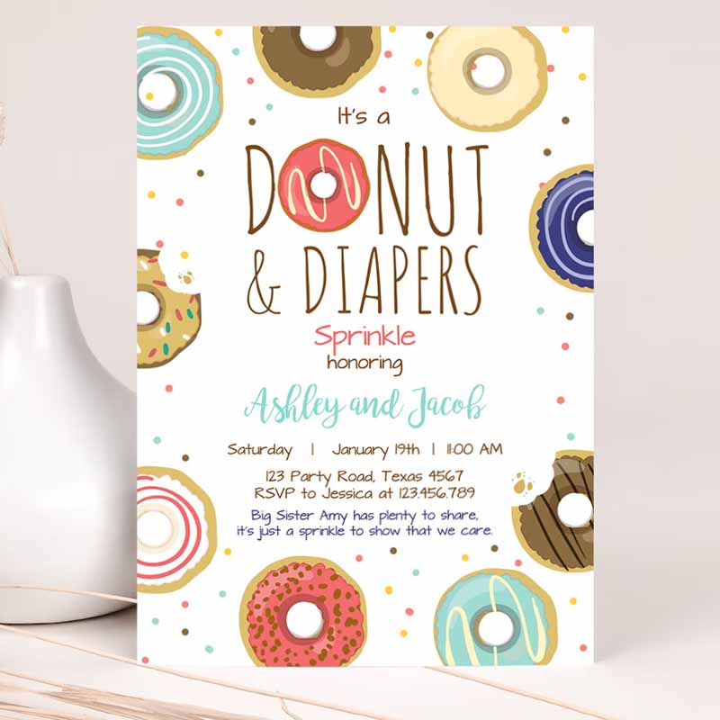 Donut and Diapers Sprinkle Invitation, Baby Shower Coed Shower Boy Navy Blue Red Sweet