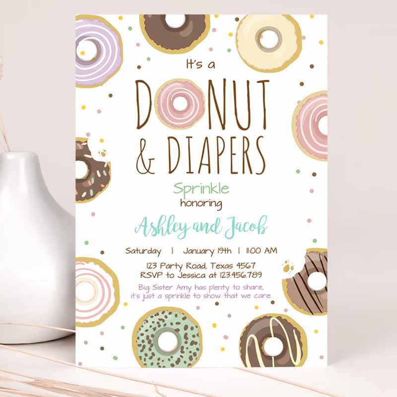 Donut and Diapers Sprinkle Invitation, Sprinkled With Love Coed Shower Pastel Pink Girl Boy Neutral