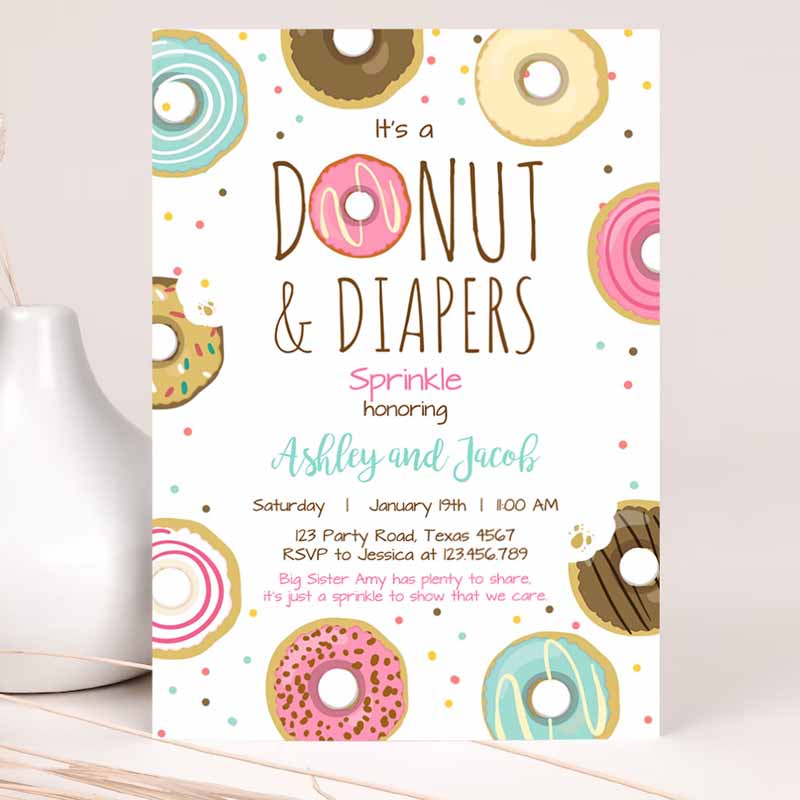 Donut and Diapers Sprinkle Invitation, Sprinkled With Love Coed Shower Pink Girl Template