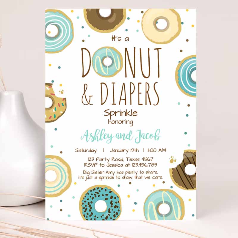 Donut and Diapers Sprinkle Party Invitation, Baby Shower Coed Shower Boy Blue Sweet